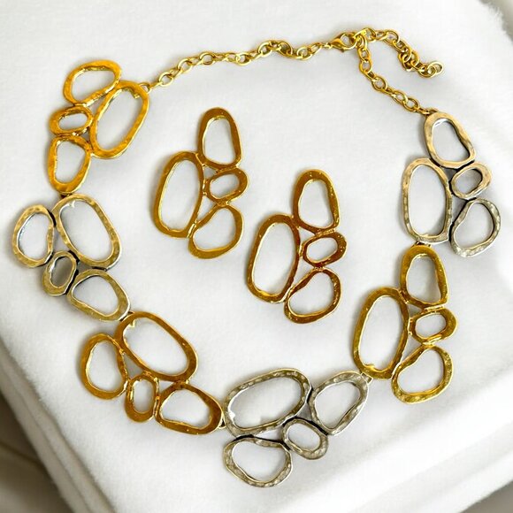 Gold Plated Chunky Minimal Necklace Earrings Set - Picture 2 of 5